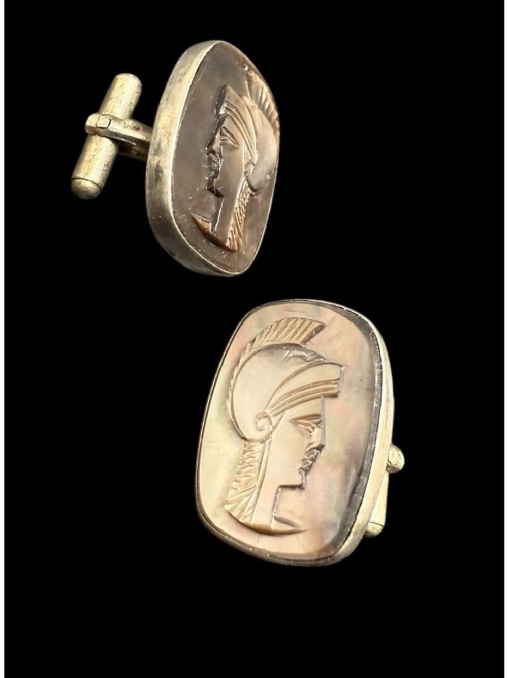 Vintage 900 Silver Hand Carved Abalone MOP Roman Soldier Cufflinks Oval